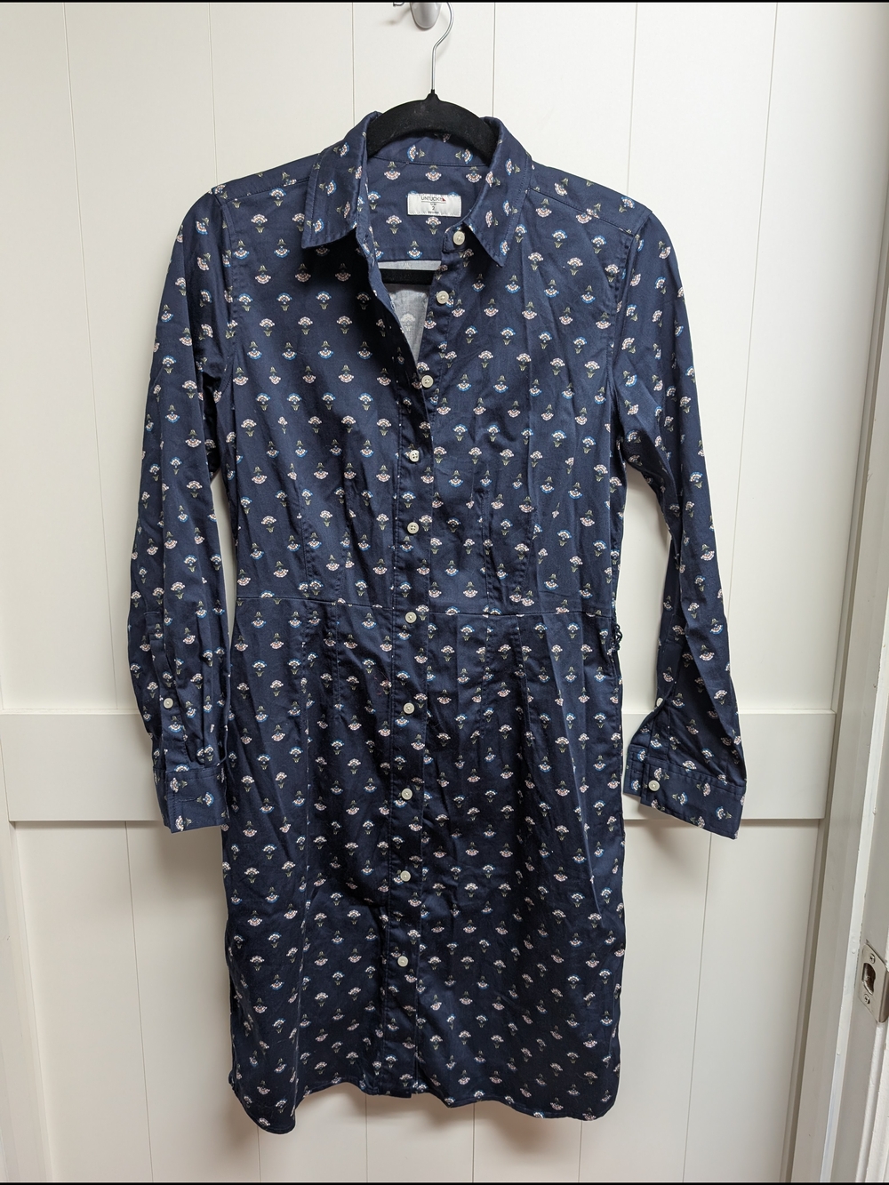 UNTUCKit Navy Floral Pattern Long-Sleeve Button Down Shirt Dress, sz 2